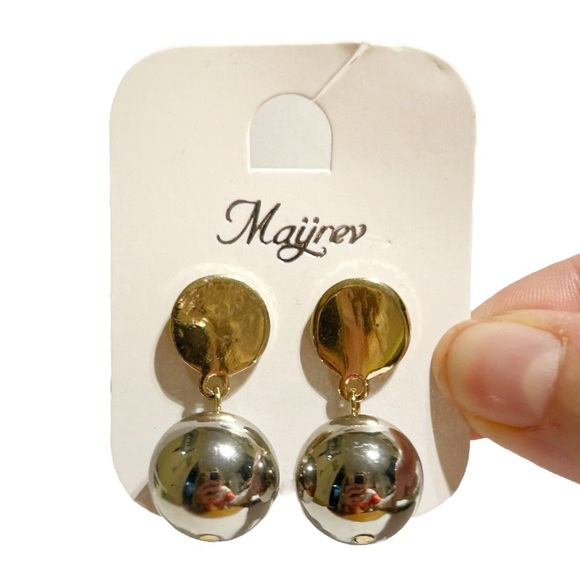 Mayrev Silver and Gold Tone Dangling Earrings Circle Ball Sphere Bauble Classy - Picture 4 of 10